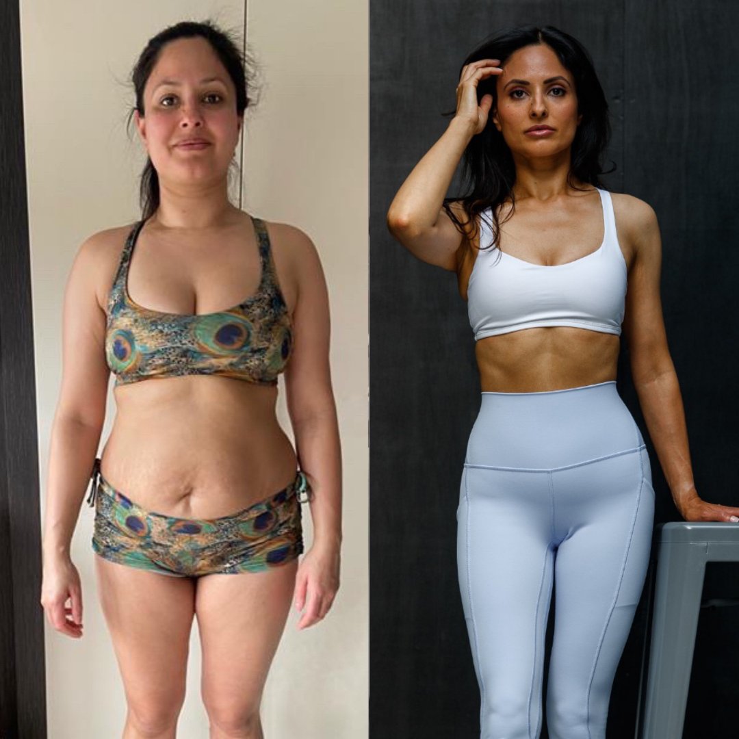 Roopa, a Recomp Online client, before and after her 12-week transformation