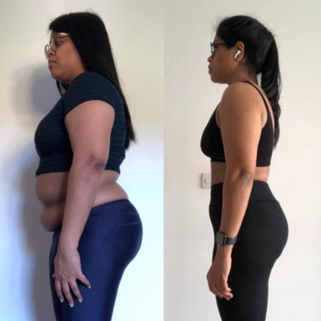 Recomp Online client transformation — side profile before and after