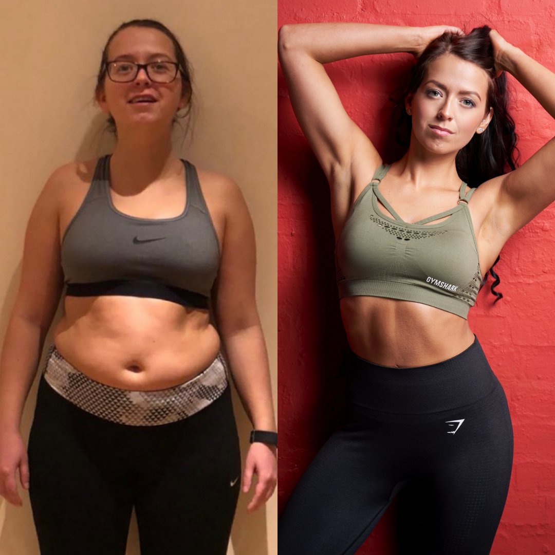 Recomp Online client transformation — front view before and after
