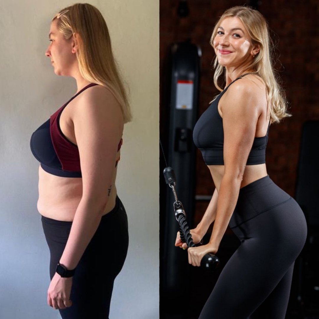 Recomp Online client transformation — gym progress before and after